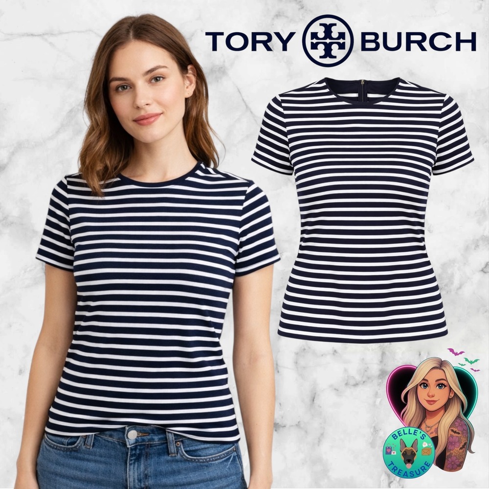 Tory Burch Navy Blue White Striped Short Sleeve Top Shirt Womens M Coastal Beach